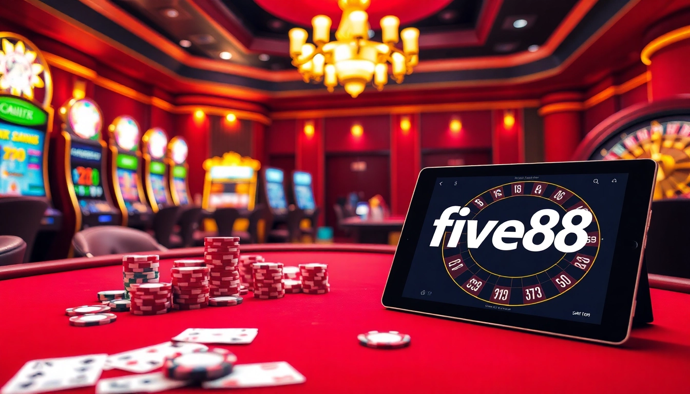 Experience five88 excitement at a luxury casino with poker tables, slot machines, and roulette.