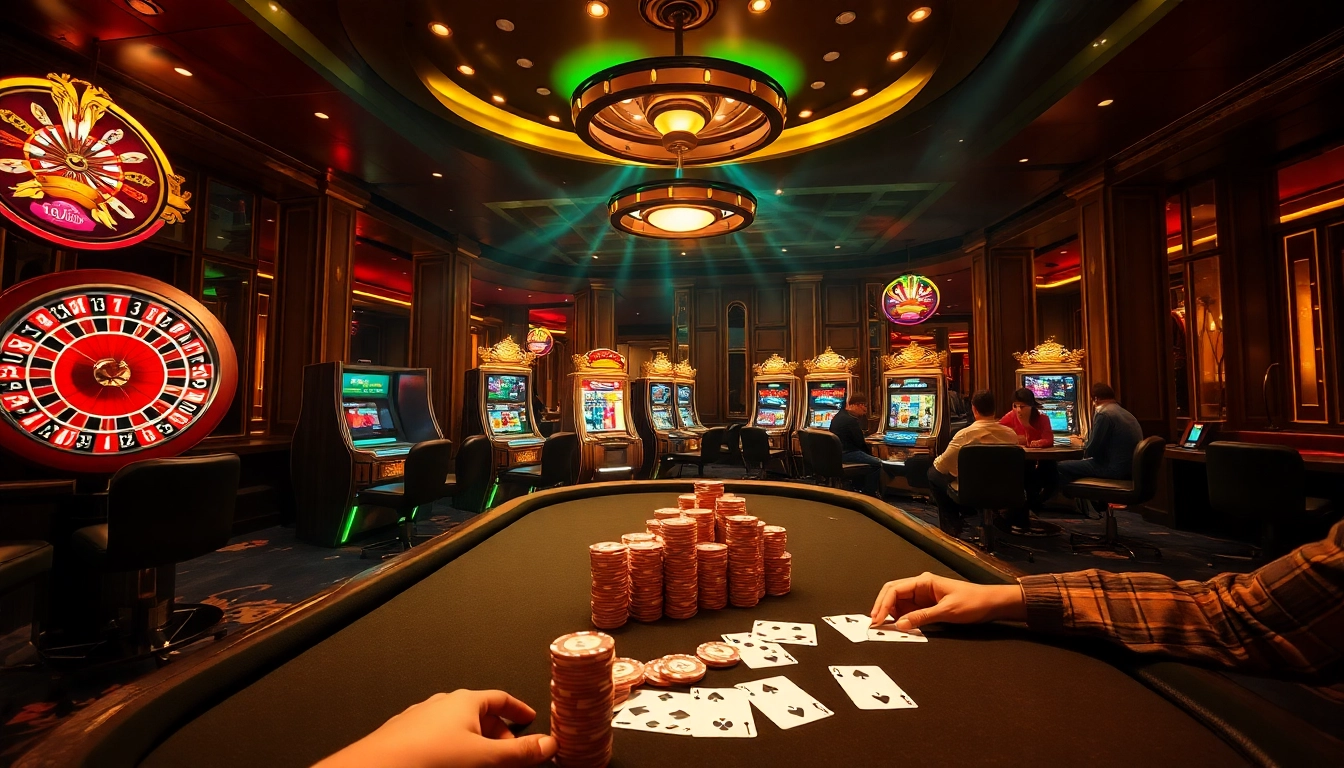 Experience the thrill of gambling at 13Win with a vibrant casino scene featuring dynamic slot machines, poker chips, and a roulette wheel.