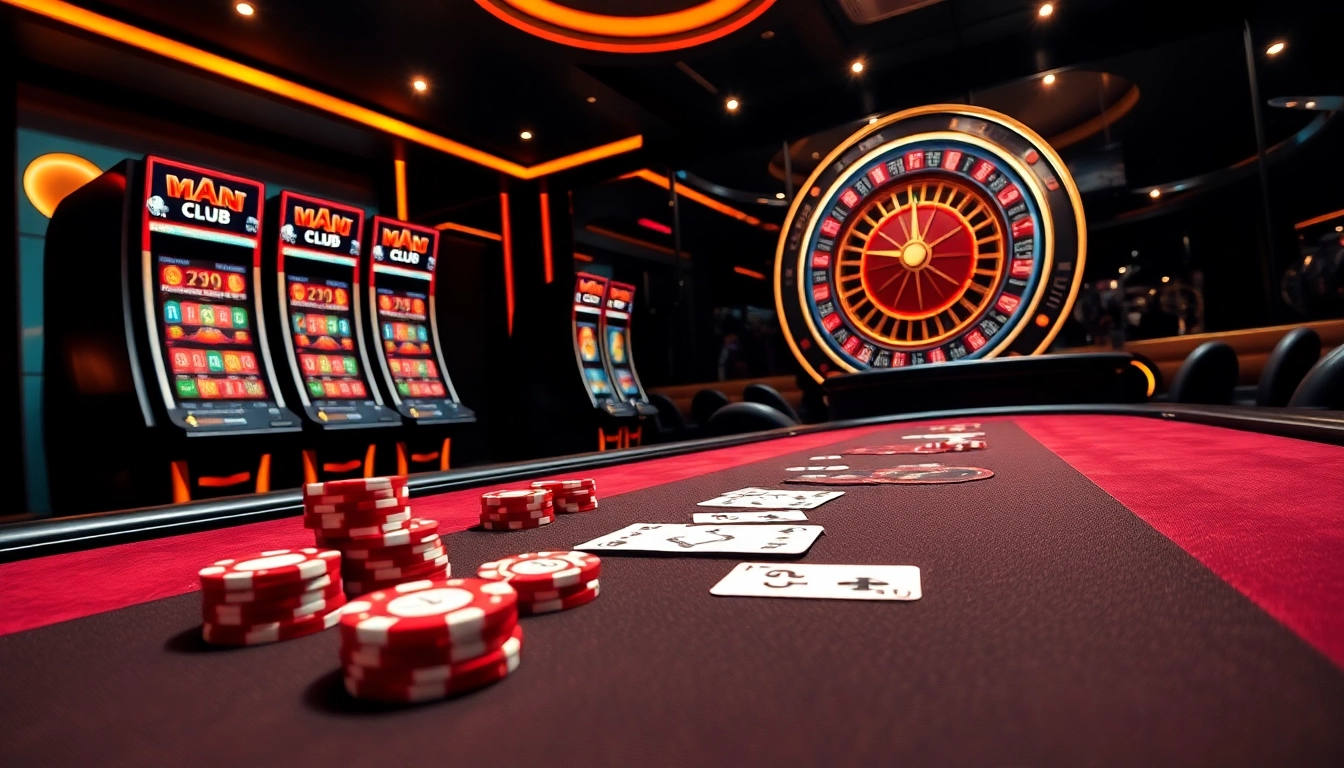 Action-packed online gambling scene at https://gamemanclub.wiki, highlighting casino table, cards, and luxurious slot machines.