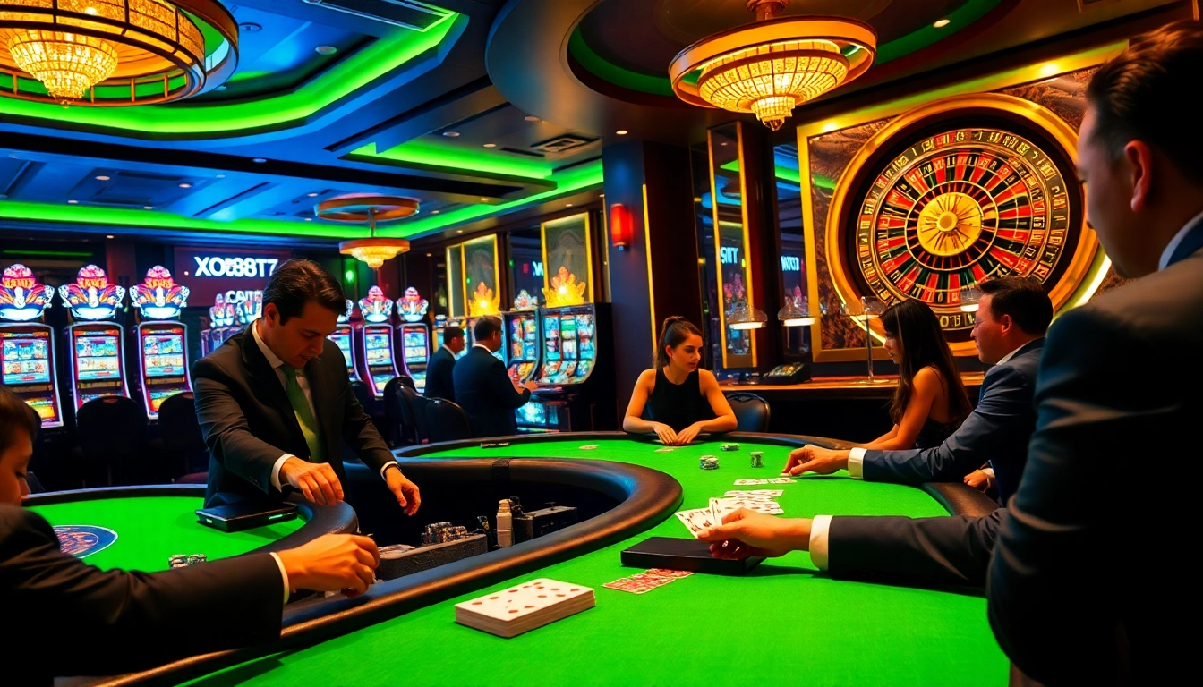 Excited players engaging in a high-stakes card game at a luxurious casino featuring xo88t3 promotions.