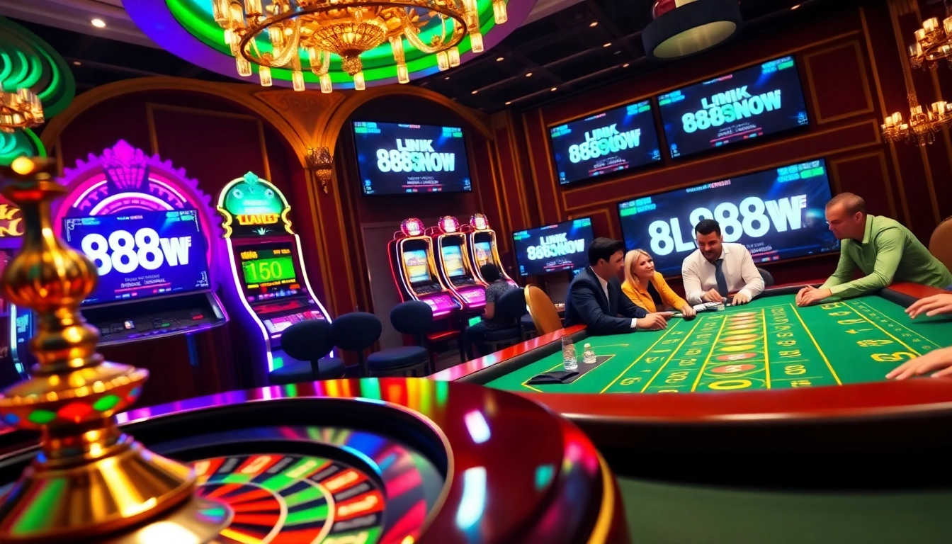 Excited gamblers engaging at the luxurious casino illustrating link 888NOW with poker chips and roulette.