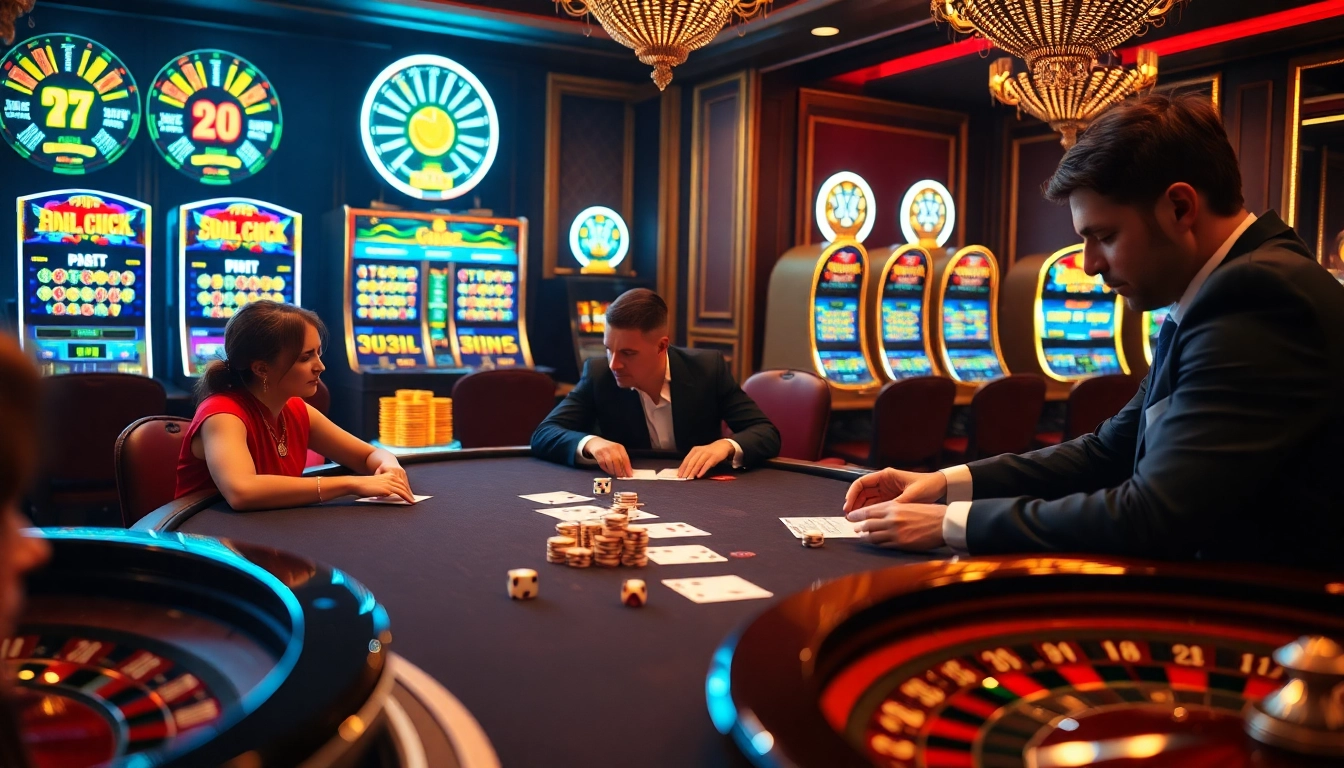 Experience the thrill of gambling at go8.com with vibrant poker tables and elegant casino decor.