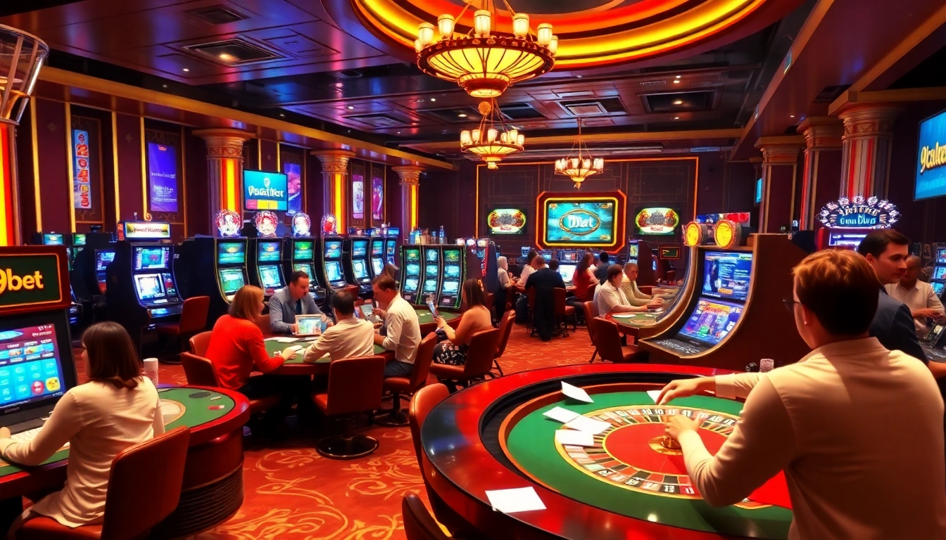 Experience the thrilling atmosphere of 9bet with exciting casino games and vibrant lighting.