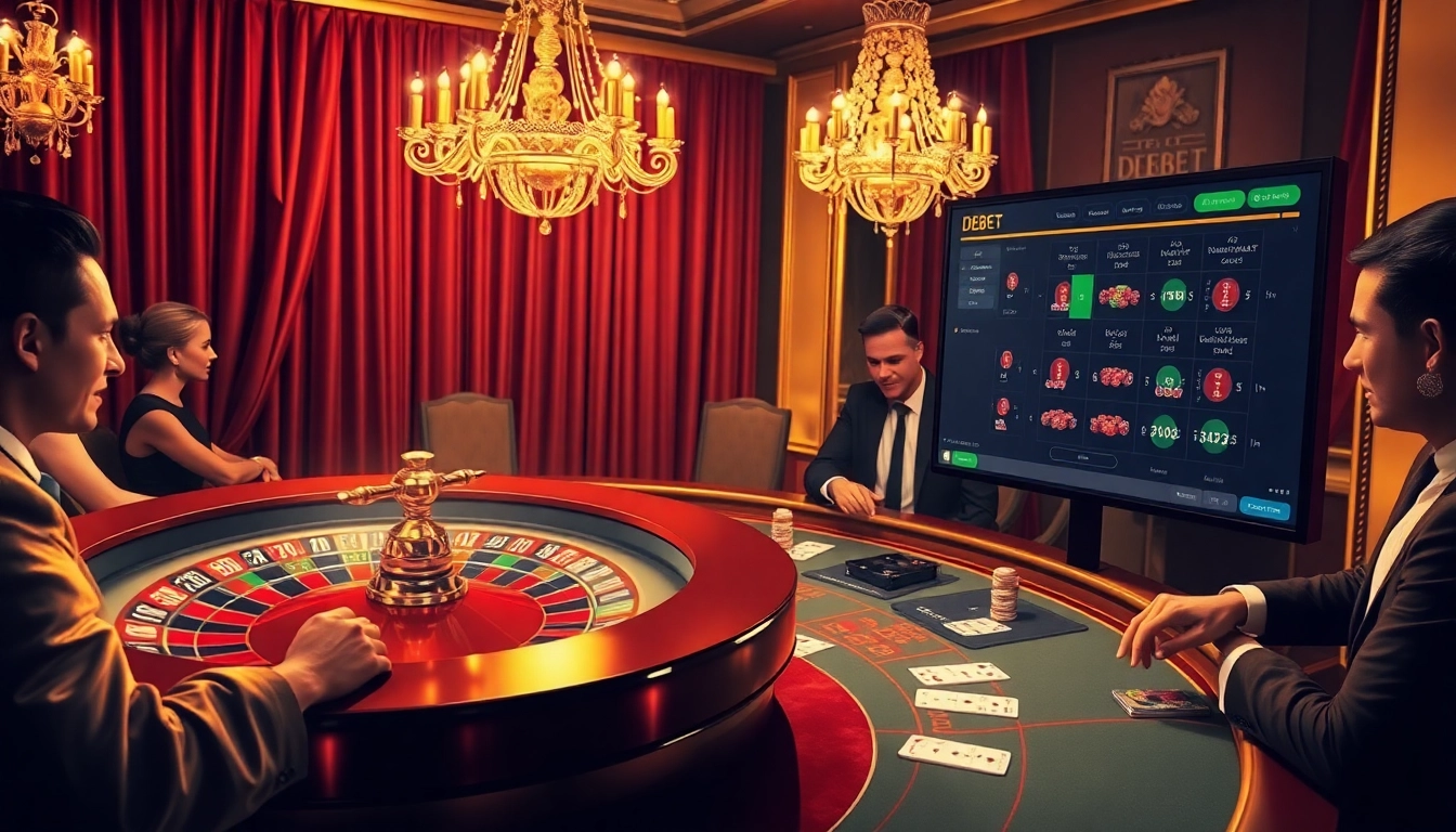 Players engage in high-stakes betting at a Debet-inspired luxurious casino table.