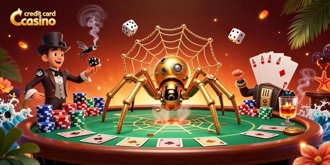 Catching lucky dice in a web, showcasing the vibrant scene of a credit card casino's dynamic gameplay.