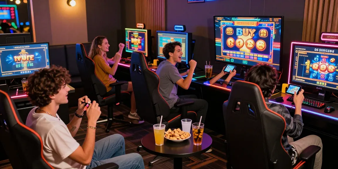 Excited friends enjoying gameplay at https://crownnorthill.co.uk, exploring bonus buy slots in a modern gaming lounge.