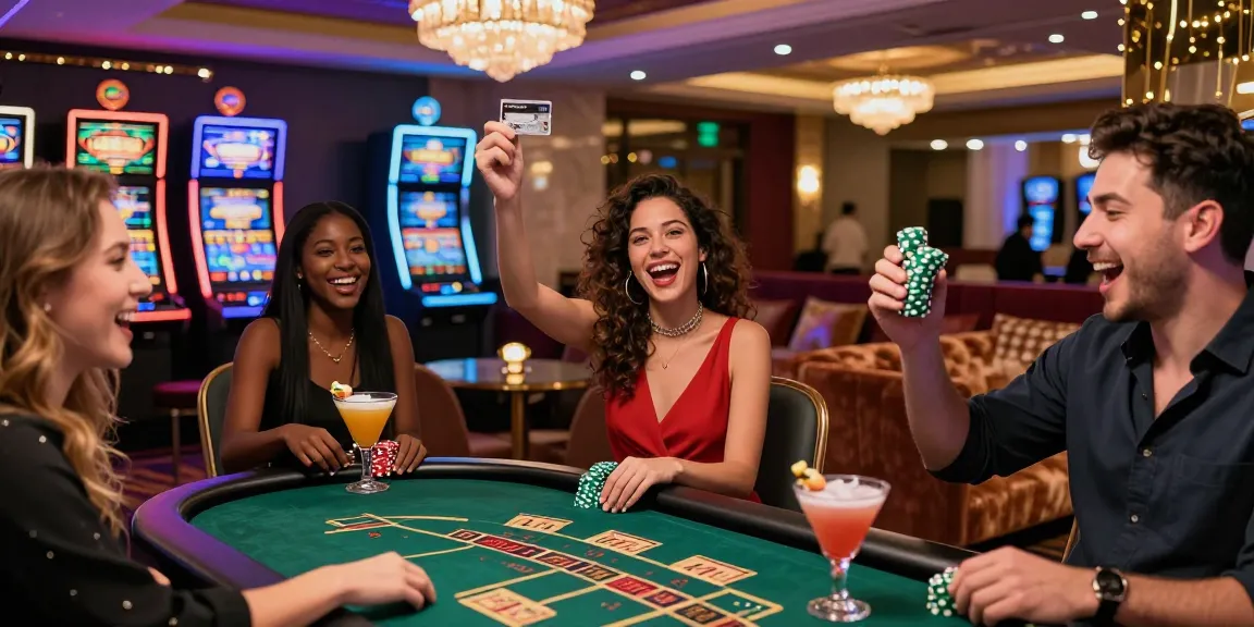 Friends celebrating at credit card casinos with excitement and glamour, showcasing joyful atmosphere.
