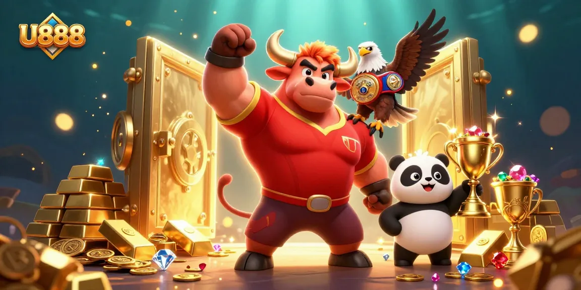 Experience U888 excitement with vibrant casino characters celebrating big wins in a dynamic scene.