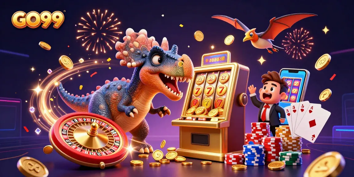 GO99 mascot pachycephalosaurus wins jackpot coins in a lively casino scene