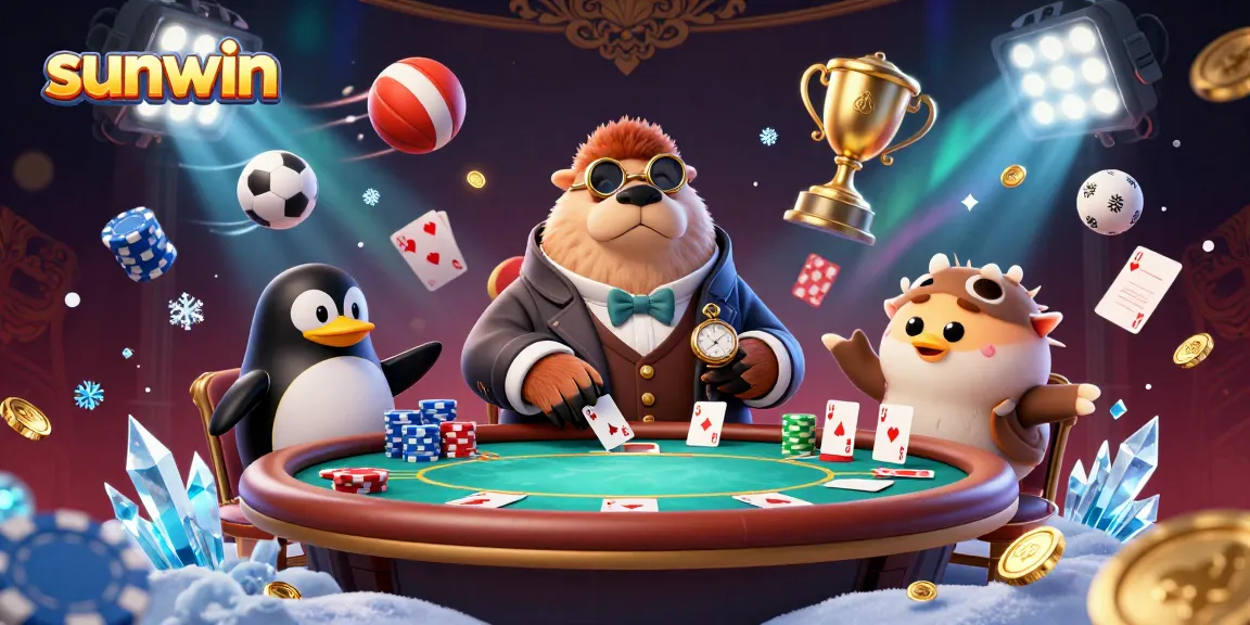 Watch the jolly walrus and penguin dealer engage in poker at sunwin's vibrant underwater casino scene.