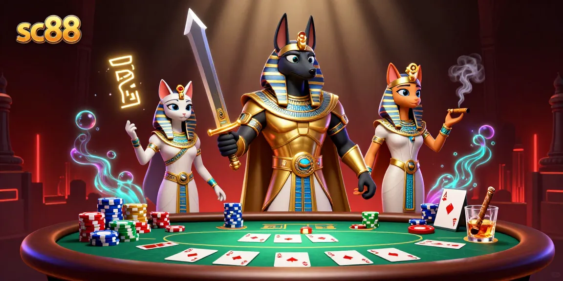 Engage in thrilling poker action at sc88 with Anubis and Bastet in a vibrant casino scene.